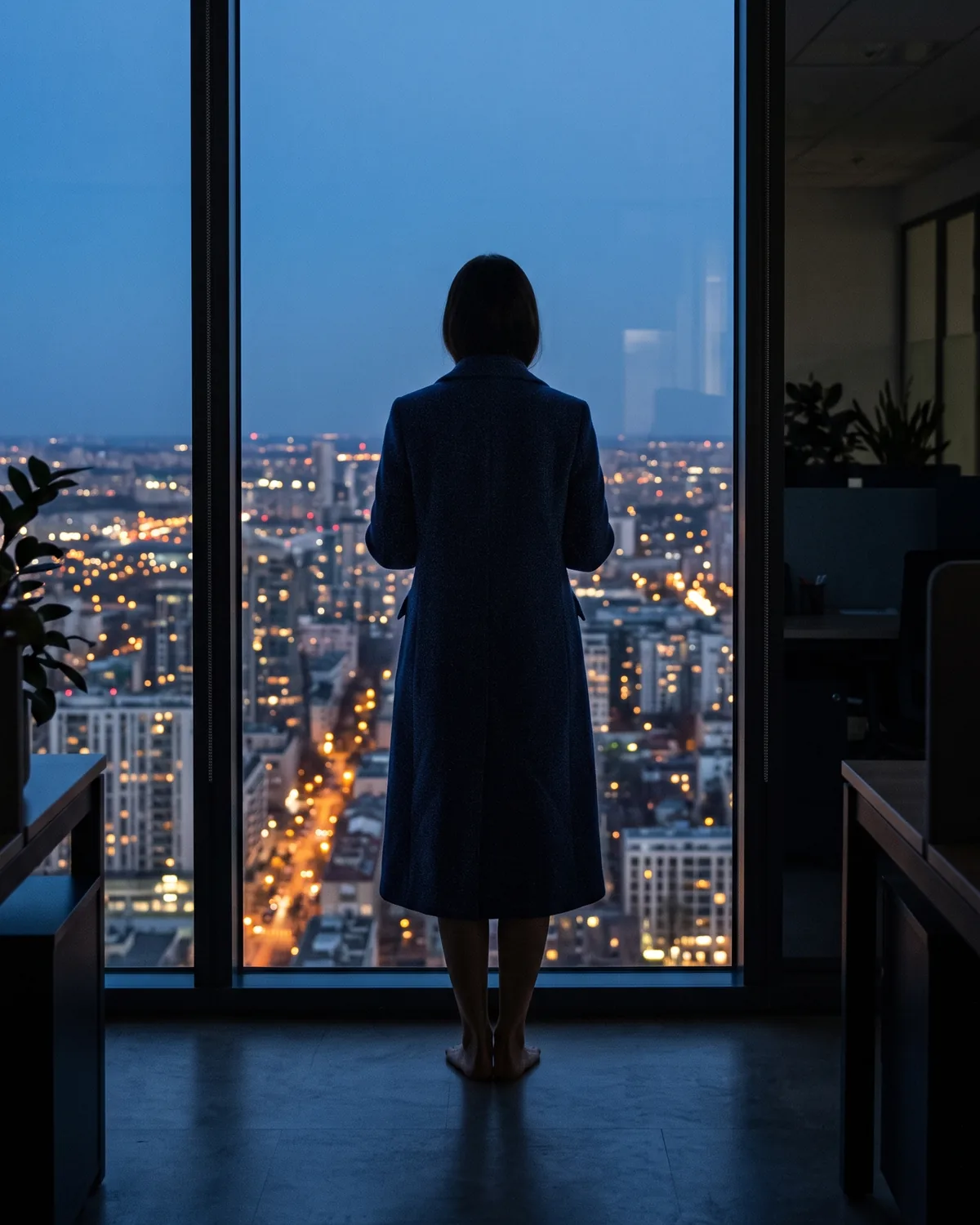 View from an office over a city at dusk